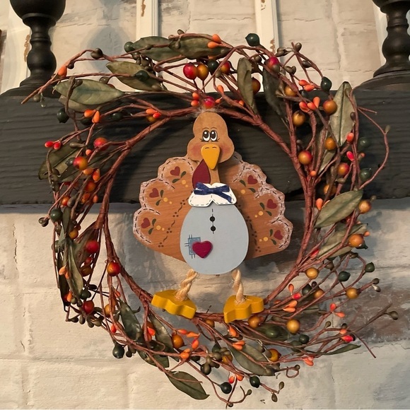 Thanksgiving Wooden Folk Rt Turkey Wreath Wall Door Decor - Picture 2 of 6